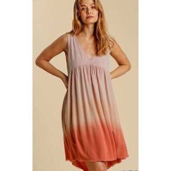 New UMGEE M L Rose Ombre Sexy V Neck Tie Back Dress with Pockets Frayed Hem - Picture 3 of 4